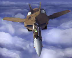 1980s_(style) 1boy aircraft airplane choujikuu_yousai_macross cloud cockpit flying helmet inui_(jt1116) jet macross mecha oldschool pilot_suit retro_artstyle robot sky u.n._spacy vehicle_focus vf-1 vf-1a