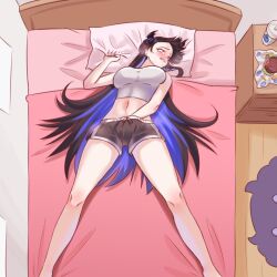 1girl black_hair black_horns black_shorts blue_hair burger colored_inner_hair culver&#039;s cup disposable_cup female_masturbation food hololive hololive_english horns implied_masturbation indoors jailbird_(nerissa_ravencroft) long_hair lying masturbation multicolored_hair navel nerissa_ravencroft on_back on_bed photo-referenced red_eyes seekorplatypus shirt shorts solo sora_no_iro_mizu_no_iro virtual_youtuber white_shirt