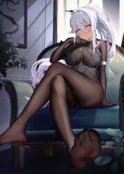 1girl absurdres bodystocking braid breasts closed_mouth commentary_request dark-skinned_female dark_skin drawing_(object) feet full_body girls&#039;_frontline girls&#039;_frontline_2:_exilium highres indoors large_breasts long_hair looking_at_viewer nemesis_(girls&#039;_frontline_2) no_shoes on_chair paid_reward_available purple_eyes radoremo sitting solo toes vegetation white_hair