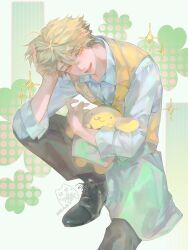Rule 34 | 1boy, absurdres, apron, artist logo, black pants, black shoes, blonde hair, chinese commentary, clover, collared shirt, four-leaf clover, green apron, hair between eyes, hand on own head, highres, holding, holding stuffed toy, knee up, logo, long sleeves, looking at viewer, male focus, official alternate costume, on one knee, open mouth, pants, pompompurin, sanrio, shiguang dailiren, shirt, shoes, short hair, sleeves rolled up, smile, solo, sparkle, stuffed animal, stuffed toy, teeth, vest, white shirt, xia fei, yellow eyes, yellow vest, you yeyou0904