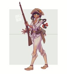 1girl absurdres ammunition_pouch artist_name belt_buckle black_hair bolt_action border bow breasts brown_hat brown_sandals buckle cleavage collarbone commentary english_commentary flower full_body green_eyes grey_background grin gun hair_bow hat hat_flower highres holding holding_gun holding_weapon long_hair looking_at_viewer machete mauser_98 military_combat_uniform military_uniform open_clothes open_shirt original pants partially_unbuttoned pinstripe_pants pinstripe_pattern pinstripe_shirt pouch red_bow rifle sandals sheath shirt simple_background smile solo spanish-american_war suspenders unbuttoned unbuttoned_shirt weapon white_border white_pants white_shirt willy_pete