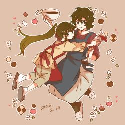 Rule 34 | 2girls, alternate costume, animal slippers, apron, black eyes, black slippers, black socks, blue apron, bowl, brown background, brown hair, closed mouth, commentary request, dated, expressionless, grey pants, grey skirt, highres, holding, holding bowl, holding pastry bag, kumazaki karen, long hair, long sleeves, midori (user fxjw5233), multiple girls, outline, pants, pastry bag, red apron, red sweater, saibou shinkyoku, shirt, short hair, skirt, slippers, smile, socks, sweater, white outline, white slippers, white socks, yanagi nina, yellow shirt