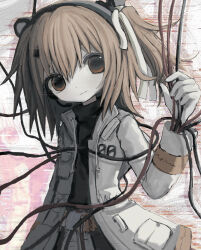 1girl a.i._voice adachi_rei black_shirt cable closed_mouth commentary hair_ribbon hand_up headset highres jacket long_sleeves looking_at_another medium_hair one_side_up open_clothes open_jacket orange_hair ribbon shirt solo sonne_(huvtai) upper_body utau white_jacket white_ribbon