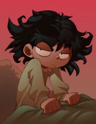 Rule 34 | 1girl, black hair, blanket, bleedman, buttercup (ppg), buttercup redraw challenge (meme), commentary, derivative work, drooling, frown, gradient background, green eyes, half-closed eyes, highres, meme, messy hair, pajamas, powerpuff girls, screenshot redraw, solo, v-shaped eyebrows