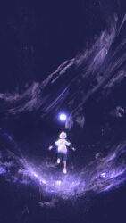 1boy absurdres black_shorts dkaism from_behind full_body glowing highres hunter_x_hunter killua_zoldyck male_focus non-web_source orb outstretched_arms running shirt short_hair shorts sky solo spiked_hair star_(sky) starry_sky white_hair white_shirt