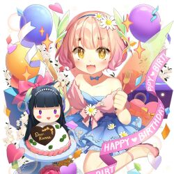 1girl balloon birthday_cake blue_dress blunt_bangs box cake dress flower food fork gift gift_box hair_flower hair_ornament hairband holding holding_fork kanna_(uchihime) off-shoulder_dress off_shoulder open_mouth pink_hair pink_shoes salt_(salty) shoes short_hair uchi_no_hime-sama_ga_ichiban_kawaii wings yellow_eyes
