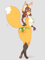 1girl ahoge animal_ear_fluff animal_ears animal_feet animal_nose arm_behind_back ass bikini black_fur blush braid breasts brown_hair commentary english_commentary floral_print_bikini fox_ears fox_girl fox_tail from_behind full_body furry furry_female green_bikini green_eyes grey_background hair_between_eyes highres large_breasts long_hair looking_at_viewer looking_back multicolored_fur neck_fur orange_fur original pawpads simple_background single_braid smile solo standing swimsuit tail toconikky white_fur