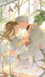 1boy 1girl absurdres black_sweater brown_hair building candlelight ceiling_light closed_eyes dress falling_petals flower formal_clothes from_side hair_between_eyes hair_ornament hand_on_another&#039;s_shoulder hand_on_another&#039;s_waist highres imminent_kiss jacket kiyoi_9532829521 long_hair long_sleeves love_and_deepspace off-shoulder_dress off_shoulder pants petals plant protagonist_(love_and_deepspace) red_flower red_rose rose short_hair skyscraper suit sweater turtleneck turtleneck_sweater white_dress white_hair white_jacket white_pants white_suit window xavier_(love_and_deepspace)