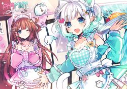 2girls animal_ears anzu_(anzuhan) apron ayamy_(vtuber) blue_eyes blue_nails bow breasts broken_heart_hair_ornament brown_hair cat_ears cat_hair_ornament cat_o-ring cat_tail choker cleavage dress fake_animal_ears fang food frilled_apron frilled_dress frills ghost_girl gradient_hair green_dress green_hair hair_bow hair_ornament hair_rings heart heart_apron heart_hands heart_o-ring heart_ring_choker highres holding holding_plate indie_virtual_youtuber jersey_maid long_hair long_sleeves looking_at_viewer maid maid_cafe maid_headdress mint_fantome mint_fantome_(minto_2.0) multicolored_hair multiple_girls name_tag o-ring o-ring_choker omelet omurice one_eye_closed open_mouth pink_dress plate pointy_ears single_hair_ring skin_fang smile tail triangular_headpiece two_side_up unconventional_maid virtual_youtuber white_hair wisps_(mint_fantome) x_hair_ornament