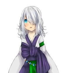 Rule 34 | 1girl, alternate color, blue eyes, blush, bow, commentary request, hair over one eye, hanbok, korean clothes, looking at viewer, medium hair, meiko (nattu303), open mouth, purple bow, ragnarok online, shirt, simple background, solo, soul linker (ragnarok online), triangle mouth, upper body, white background, white hair, white shirt