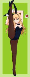 1girl ahoge animal_ears black_bow black_bowtie black_footwear black_gloves black_leotard black_pantyhose blonde_hair bow bowtie ccg842000 commentary_request detached_collar fake_animal_ears full_body gloves green_eyes heart high_heels highres hoshii_miki idolmaster idolmaster_(classic) leotard long_hair looking_at_viewer pantyhose playboy_bunny rabbit_ears solo split spoken_heart standing standing_on_one_leg standing_split strapless strapless_leotard wrist_cuffs