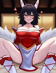 1girl absurdres ahri_(league_of_legends) animal_ears bare_shoulders black_hair blurry blurry_background blush breasts closed_mouth collarbone commentary covered_navel detached_sleeves dress english_commentary facial_mark fox_ears fox_girl fox_tail hair_between_eyes heart highres indoors jerrytz large_breasts league_of_legends long_hair looking_at_viewer m_legs multiple_tails pelvic_curtain pink_lips red_dress red_sleeves shiny_skin sitting smile socks solo spread_legs tail thighs whisker_markings white_socks white_tail yellow_eyes