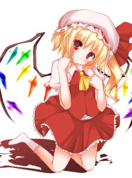 Rule 34 | 1girl, ascot, blonde hair, dress, embodiment of scarlet devil, female focus, flandre scarlet, gorujitai, hat, kneeling, red dress, red eyes, red skirt, side ponytail, skirt, socks, solo, touhou, white socks, wings