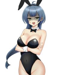 1girl ahoge anger_vein angry animal_ears arms_under_breasts black_bow black_bowtie black_leotard blue_hair bow bowtie breasts cleavage collar collarbone covered_navel cowboy_shot crossed_arms detached_collar fake_animal_ears fishnet_pantyhose fishnets green_eyes groin highleg highleg_leotard highres higurashi_no_naku_koro_ni higurashi_no_naku_koro_ni_mei kurosawa_chisame leotard long_hair low_ponytail open_mouth pantyhose playboy_bunny ponytail rabbit_ears shaded_face simple_background solo strapless strapless_leotard v-shaped_eyebrows white_background white_collar white_wrist_cuffs wrist_cuffs yuno_ff