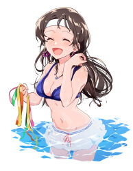Rule 34 | 1girl, :d, bikini, bikini skirt, blue bikini, breasts, brown hair, closed eyes, cropped legs, earrings, hand up, headband, holding, holding ribbon, idolmaster, idolmaster million live!, jewelry, kitazawa shiho, long hair, navel, necklace, open mouth, ribbon, shirop imas, simple background, skirt, smile, solo, standing, star (symbol), star earrings, swimsuit, wading, water, wet, wet hair, white background, white headband, white skirt