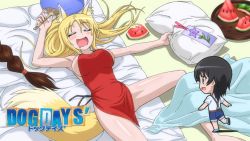 Rule 34 | 10s, 3girls, animal ears, anime screenshot, black hair, blonde hair, blue eyes, braid, breasts, brioche d&#039;arquien, brown hair, dog days, fox ears, fox tail, hand fan, highres, large breasts, long hair, lying, multiple girls, on back, open mouth, paper fan, short hair, sleeping, smile, tail, takatsuki nanami, uchiwa, yukikaze panettone