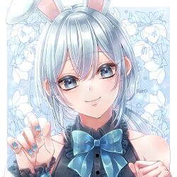 Rule 34 | 1boy, androgynous, animal ears, bare shoulders, black shirt, blouse, blue background, blue bow, blue eyes, blue nails, border, bow, bowtie, clenched hand, collarbone, commentary request, crescent, crescent earrings, crossdressing, crossdressing (mtf), dragon quest, dragon quest x, earrings, flower, frilled sleeves, frills, head tilt, hero (dq10), highres, jewelry, kuro11 222, low ponytail, male focus, ponytail, rabbit boy, rabbit ears, shirt, sleeveless, sleeveless shirt, smile, solo, trap, upper body, white border, white hair