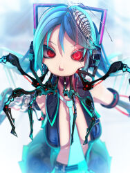 1girl 2020 3d antennae aqua_hair blue_necktie breasts calne_ca_(deino) cosplay deino_(deino3330) glowing glowing_eyes hatsune_miku hatsune_miku_(cosplay) headphones heterochromia highres joints long_hair looking_at_viewer mechanical_arms medium_breasts nato-kun necktie open_clothes open_shirt original pleated_skirt red_eyes skirt solo twintails vocaloid wire