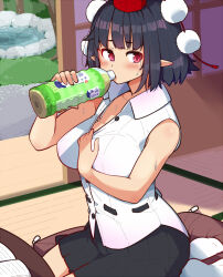 1girl bare_shoulders black_hair black_ribbon black_skirt blush book bottle bra_strap breasts chabudai_(table) collared_shirt commentary_request cushion day drinking green_tea hand_on_own_chest hat highres himeshita_johnny_mafuyu holding holding_bottle indoors large_breasts open_book partially_unbuttoned pleated_skirt pointy_ears pom_pom_(clothes) red_eyes red_hat ribbon ribbon-trimmed_shirt ribbon_trim seiza shameimaru_aya shirt short_hair shouji sideways_glance sitting skirt sleeveless sleeveless_shirt sliding_doors socks solo sweat table tatami tea tokin_hat touhou white_shirt white_socks zabuton