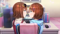 2girls blue_hoodie bob_cut book computer computer_tower dress eye_contact flipped_hair game_cg hair_ornament hairband hairclip hood hoodie incest indoors looking_at_another majo_(yumeutsutsu) monitor multicolored_hairband multiple_girls nie_(yumeutsutsu) non-web_source office official_art on_chair otori_ai pinafore_dress profile red_dress shared_chair short_hair siblings sisters sitting sleeveless sleeveless_dress smile spoilers sweater turtleneck turtleneck_sweater white_sweater yanagiya_kokoro yumeutsutsu_re:master yuri