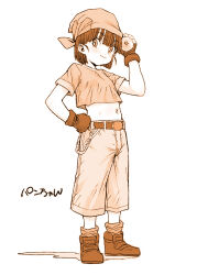 Rule 34 | 1girl, bandana, blush, breasts, bright pupils, character name, crop top, dragon ball, dragon ball (object), dragon ball gt, fingerless gloves, full body, gloves, hand on own hip, holding dragon ball, looking at viewer, midriff, monochrome, navel, pan (dragon ball), ponsuke (pon00000), shoes, short hair, simple background, small breasts, solo, standing, star (symbol), white background, white pupils