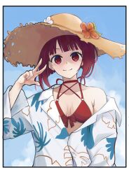 1girl arima_kana bikini blue_sky bob_cut closed_mouth hat highres inverted_bob looking_at_viewer oshi_no_ko red_bikini red_eyes red_hair shirt short_hair sky smile solo straw_hat swimsuit swimsuit_under_clothes tsunkyunn w white_shirt