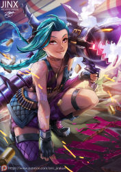 1girl blue_hair boots braid gloves highres jinx_(league_of_legends) league_of_legends long_hair pink_eyes tattoo thighhighs twin_braids weapon zen