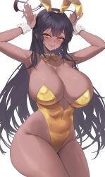 1girl ahoge animal_ears arms_up black_hair blue_archive blush bow bowtie breasts cleavage closed_mouth covered_erect_nipples dark-skinned_female dark_skin detached_collar fake_animal_ears groin halo highleg highleg_leotard highres huge_breasts karin_(blue_archive) kuavera leotard long_hair looking_at_viewer playboy_bunny rabbit_ears rabbit_pose simple_background skindentation solo strapless strapless_leotard sweat thick_thighs thighs very_long_hair white_background wrist_cuffs yellow_eyes yellow_leotard