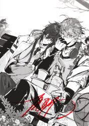 2boys alternate_costume genshin_impact greyscale hamtaru542899 head_on_another&#039;s_shoulder headphones headphones_around_neck kissing_hand monochrome mors_gn multiple_boys sleeping sleeping_on_person tartaglia_(genshin_impact) twitter white_background yaoi zhongli_(genshin_impact)