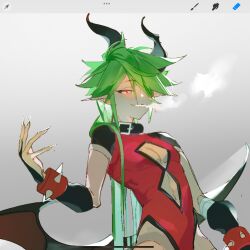 1boy aotu_world black_collar blush bracelet chinese_commentary cleavage_cutout clothing_cutout collar demon_boy demon_horns demon_wings fingernails gradient_background green_hair grey_background hair_over_one_eye hand_up highres horns hunchidengsidechafan jewelry leotard long_hair looking_at_viewer low_ponytail male_focus multicolored_eyes navel_cutout official_alternate_costume pectoral_cleavage pectorals pointy_ears ponytail red_eyes sharp_fingernails side_cutout simple_background smile smoke solo spiked_bracelet spikes tail wings xander_(aotu_world) yellow_eyes