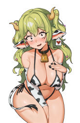 1girl animal_collar animal_ears animal_print bare_shoulders bell belt_buckle belt_collar between_legs bikini black_bikini black_collar black_nails black_sleeves black_tail black_trim blush breasts brown_horns buckle cleavage collar commentary constricted_pupils covering_crotch covering_privates cow_ears cow_girl cow_horns cow_print cow_print_bikini cow_tail cowbell cowboy_shot curled_tail curved_horns curvy detached_sleeves dot_nose double-parted_bangs ear_tag ears_down embarrassed english_commentary eyebrows_hidden_by_hair fingernails flustered fur-tipped_tail hair_between_eyes hair_intakes hair_ornament hand_between_legs hand_on_own_chest hand_up head_tilt heart horns ichika_maia indie_virtual_youtuber karassawa large_breasts large_ears leaning_forward legs_together long_eyelashes long_hair looking_at_viewer micro_bikini multicolored_bikini navel neck_bell nervous_sweating open_mouth parted_hair print_bikini raised_eyebrows raised_inner_eyebrows side-tie_bikini_bottom sideboob sidelocks simple_background skindentation smile solo spotted_tail string_bikini striped_blush sweat swimsuit tail tail_around_waist thick_eyelashes thick_thighs thighs two-tone_bikini two-tone_sleeves two-tone_tail two_side_up very_long_hair virtual_youtuber wavy_hair wavy_mouth white_background white_bikini white_sleeves white_tail wide-eyed wide_hips