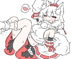Rule 34 | 1girl, animal ears, black gloves, blush, breasts, fumomono, gloves, heart, inubashiri momiji, medium breasts, medium hair, miniskirt, open mouth, skirt, steam, tail, touhou, underwear, white background, white hair, wolf ears, wolf girl, wolf tail