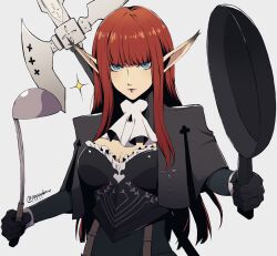 1girl ascot black_bustier blue_eyes blunt_bangs commentary_request frilled_bustier frying_pan halberd highres holding holding_ladle holding_pan hulkenberg_(metaphor:_refantazio) ladle long_hair long_pointy_ears metaphor:_refantazio pink_lips pointy_ears polearm pppppknw red_hair simple_background solo sparkle upper_body weapon weapon_on_back white_ascot white_background