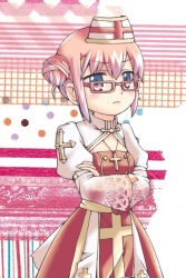 1girl arch_bishop_(ragnarok_online) blue_eyes blush breasts cleavage_cutout closed_mouth clothing_cutout commentary_request cowboy_shot cross cross_necklace crossed_arms double_bun dress frown glasses hair_bun hat jewelry juliet_sleeves long_sleeves looking_at_viewer necklace nurse_cap pink-framed_eyewear pink_background porinu puffy_sleeves ragnarok_online rectangular_eyewear red_cross red_dress sash small_breasts solo two-tone_dress v-shaped_eyebrows white_dress white_hat yellow_sash