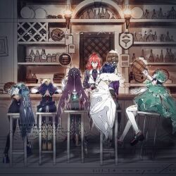 3boys 3girls aqua_hair backless_outfit bar_stool black_hair black_shirt black_veil blonde_hair blue_cape blue_capelet blue_hair bottle braid cape capelet closed_eyes cup diluc_(genshin_impact) eula_(genshin_impact) from_behind genshin_impact green_cape green_capelet green_hat hat highres holding holding_cup indoors jean_(genshin_impact) kaeya_(genshin_impact) long_hair multiple_boys multiple_girls nmaywo pantyhose ponytail red_hair rosaria_(genshin_impact) shirt short_hair side_cape stool tankard tavern veil venti_(genshin_impact) vest vision_(genshin_impact) white_cape white_pantyhose white_shirt white_vest