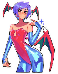 1girl :/ absurdres animal_print bare_shoulders bat_print bat_wings blue_gloves blue_pantyhose cleavage_cutout clothing_cutout commentary contrapposto darkstalkers elbow_gloves fingerless_gloves flat_chest gloves head_wings highres kaatokun leotard lilith_(darkstalkers) looking_at_viewer nail_polish pantyhose print_pantyhose purple_hair red_eyes red_leotard red_nails short_hair simple_background solo standing strapless strapless_leotard white_background wings