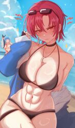 Rule 34 | 0nineo9, 1boy, 1girl, abs, absurdres, bazett fraga mcremitz, beach, bikini, black bikini, black gloves, breasts, cleavage, cu chulainn (fate), earrings, fate/grand order, fate (series), fingerless gloves, gloves, highres, jewelry, large breasts, looking at viewer, manannan mac lir (fate), mole, mole under eye, navel, parted bangs, red eyes, red hair, short hair, solo focus, swimsuit, thigh strap, thighs, toned, toned female