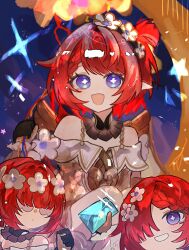 3girls angel_wings black_gloves blue_background blue_eyes commentary_request cross-shaped_pupils dress gloves hair_over_one_eye head_wreath highres holding holding_letter honkai:_star_rail honkai_(series) letter multiple_girls open_mouth pointy_ears red_hair smile symbol-shaped_pupils trianne_(honkai:_star_rail) tribbie_(honkai:_star_rail) trinnon_(honkai:_star_rail) white_blindfold white_dress wings x431788