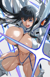 1girl abs absurdres areola_slip black_hair blue_eyes breasts cropped_legs highres huge_breasts kill_la_kill kiryuuin_satsuki long_hair muscular muscular_female open_mouth simple_background solo sparkle sui_yamami thick_eyebrows thick_thighs thighs unaligned_breasts