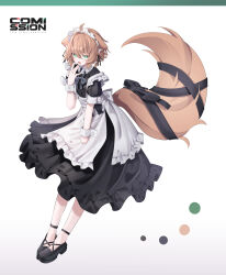 absurdres apron brown_hair commission green_eyes hair_between_eyes highres large_tail maid maid_apron maid_headdress medium_hair original satoh_vrc skeb_commission tail white_apron white_background white_headdress