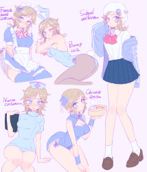 1girl animal_ears apron ass black_pantyhose black_skirt blonde_hair blue_eyes blush bow breasts brown_shoes china_dress chinese_clothes cleavage dress garter_belt genderswap genderswap_(mtf) hat highres johnny_joestar jojo_no_kimyou_na_bouken leotard maid maid_apron maid_headdress medium_breasts medium_hair multiple_views nurse one_eye_closed open_mouth pantyhose playboy_bunny pleated_skirt rabbit_ears red_bow school_uniform shirt shoes simple_background skirt socks steel_ball_run white_hat white_shirt white_socks yuki_jj
