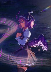 Rule 34 | 1girl, absurdres, animal ears, bird ears, black thighhighs, brown dress, brown hat, dress, feathered wings, frilled dress, frills, from side, hat, highres, music, mystia lorelei, open mouth, pink eyes, pink hair, shirt, short hair, singing, solo, thighhighs, touhou, weak (majy5732), white shirt, wings
