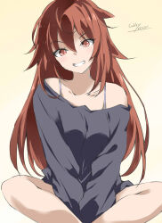 1girl black_sweater brown_eyes brown_hair commentary_request feet_out_of_frame gakky gradient_background grin hair_flaps highres indian_style kantai_collection long_hair one-hour_drawing_challenge orange_background shiratsuyu_(kancolle) shiratsuyu_kai_ni_(kancolle) sitting smile solo spaghetti_strap sweater