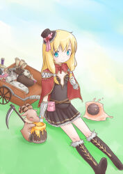 1girl baphomet_jr black_boots black_dress black_hat blonde_hair blue_eyes blush boots bow cape closed_mouth commentary_request creator_(ragnarok_online) dress flat_chest full_body fur-trimmed_boots fur_trim gloves goat goblin_mask hair_tubes hat hat_bow honey long_hair mask mini_hat mini_top_hat pink_bow potion pullcart ragnarok_online red_cape sack scythe short_dress sitting slime_(creature) smile solo top_hat vanilmirth_(ragnarok_online) white_gloves yoru_nagatsuki