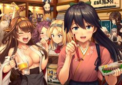 6+girls :d :o adapted_costume ahoge alcohol alternate_costume anger_vein ascot ashigara_(kancolle) ass bare_shoulders beer black_hair black_serafuku blonde_hair blouse blue_eyes blue_hair blunt_bangs blush braid breasts brown_eyes brown_hair butt_crack chopsticks cleavage closed_eyes closed_mouth collarbone cup detached_sleeves double_bun dress dress_shirt drunk earrings enemy_lifebuoy_(kancolle) fish flower food french_braid fubuki_(kancolle) giving gloves green_eyes grey_hair grin hair_between_eyes hair_bun hair_flaps hair_ornament hair_over_shoulder hair_ribbon hairband hakama hakama_skirt hat hatsukaze_(kancolle) headgear highres holding holding_chopsticks holding_cup holding_tray houshou_(kancolle) ichikawa_feesu indoors japanese_clothes jewelry jun&#039;you_(kancolle) kantai_collection kasumi_(kancolle) kimono kongou_(kancolle) large_breasts long_hair long_sleeves looking_at_viewer low_ponytail maestrale_(kancolle) magatama michishio_(kancolle) military military_uniform mini_hat mouth_hold multiple_girls myoukou_(kancolle) myoukou_pose nachi_(kancolle) nelson_(kancolle) nontraditional_miko nude one_side_up onmyouji open_mouth pinafore_dress plate pola_(kancolle) ponytail pouring purple_eyes purple_hair red_ascot red_flower red_rose remodel_(kantai_collection) ribbon rose sailor_collar sailor_dress saury school_uniform serafuku shigure_(kancolle) shirt short_hair short_ponytail side_ponytail sidelocks single_braid skirt sleeve_cuffs sleeveless sleeveless_dress smile smokestack spiked_hair tan tasuki tray twintails v vest wavy_hair white_dress yellow_eyes zara_(kancolle)
