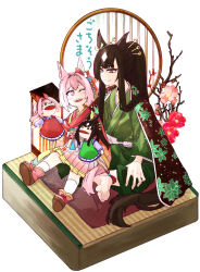 2girls akitsu_teio_(umamusume) alternate_costume animal_ears ankle_socks asuka_(junerabitts) blunt_bangs brown_hair cushion ear_covers ear_ornament flower flower_in_eye full_body green_eyes green_kimono hair_intakes hand_puppet haru_urara_(umamusume) highres horse_ears horse_girl horse_tail indian_style japanese_clothes kimono lantern long_hair multicolored_eyes multicolored_hair multiple_girls paper_lantern pink_eyes pink_flower pink_hair plum_blossoms ponytail puppet red_eyes red_kimono sidelocks single_ear_cover sitting smile socks symbol_in_eye tail tatami two-tone_eyes two-tone_hair umamusume umamusume:_cinderella_gray white_hair white_socks zabuton