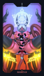 anus bar_censor black_thighhighs blue_eyes breasts censored colored_skin demon demon_girl demon_horns erection futa_without_pussy futanari highres horns large_breasts magic_circle nipples original red_skin restrained spread_anus tail tail_ornament tail_ring tailbox tarot tentacles the_magician_(tarot) thighhighs