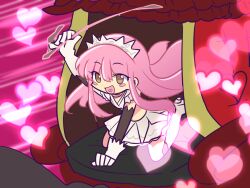 1girl blush_stickers boots brown_eyes commentary_request crown elbow_gloves fate/grand_order fate_(series) fukumitsu_(kirarirorustar) gloves heart heart_in_mouth holding holding_riding_crop layered_gloves long_hair medb_(fate) medb_(third_ascension)_(fate) midriff navel noble_phantasm_(fate) open_mouth parody pink_hair puyopuyo riding_crop shirt skirt solo style_parody very_long_hair white_boots white_gloves white_shirt white_skirt yellow_eyes