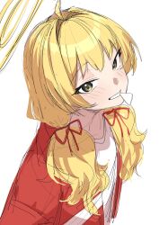 1girl ahoge blonde_hair blue_archive blush commentary_request halo highres jacket looking_at_viewer mouth_hold official_alternate_costume official_alternate_hairstyle plectrum red_jacket shirt sketch solo twintails white_background white_shirt yamamoto_kichiko yoshimi_(band)_(blue_archive) yoshimi_(blue_archive)