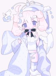 1girl absurdres ahoge bad_id bad_twitter_id bandaid bandaid_on_leg bed_sheet black_ribbon blonde_hair blue_eyes blue_hat blush_stickers closed_mouth cloud crescent fpwrs hair_ornament hand_up hat highres holding long_hair looking_at_viewer midriff mobile neck_ribbon nightcap original panties rabbit ribbon sheep_hair_ornament shirt sleeveless sleeveless_shirt solo standing star_(symbol) striped_clothes striped_panties sweat twintails underwear water_drop white_shirt white_wings wings